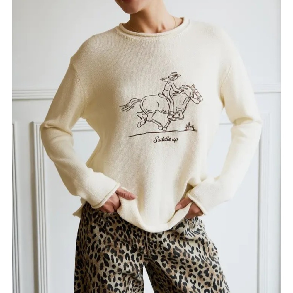 Sunday Edition Womens "Saddle Up" Embroidered Sweater Small NWT Round Neckline